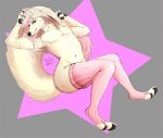  anthro canid canine canis clothing eyeshadow fluffy fur girly hair highlights_(coloring) legwear long_hair looking_at_viewer lying makeup male mammal mostly_nude multicolored_hair naughty_face on_back pink_hair pinup pose simple_background smile solo stockings thigh_highs white_body white_fur white_hair wolf xredpandax_(artist) 