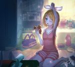  1girl alarm_clock arm_up armpits bag bangs barefoot blonde_hair blue_eyes book bookshelf bottle breasts character_doll chips clock collarbone commentary controller curtains food hair_ribbon handbag hatsune_miku highres holding_alarm_clock kagamine_rin lamp one_eye_closed open_mouth pillow pink_tank_top potato_chips ribbon sitting small_breasts solo spiel_(yfnw7477) stereo swept_bangs tank_top tears television tissue tissue_box toes vocaloid wariza 