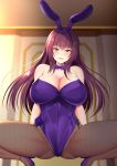  1girl animal_ears bangs bare_shoulders blush breasts bunny_ears cleavage covered_nipples detached_collar fate/grand_order fate_(series) fishnet_legwear fishnets flower hair_between_eyes high_heels highres kisaragi_nana large_breasts leotard light_particles looking_at_viewer open_mouth purple_eyes purple_flower purple_footwear purple_hair purple_leotard purple_neckwear red_eyes scathach_(fate)_(all) scathach_(fate/grand_order) smile spread_legs squatting sweat thighs 