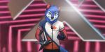  2018 anthro award canid canine clothed clothing deusexmoose fox gesture green_eyes hi_res holding_object male mammal microphone shirt solo sonicfox standing topwear trophy 