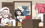  3girls airpot alternate_costume black_hair blue_swimsuit book cellphone commentary_request cup_ramen dated desk door flower fusou_(kantai_collection) gradient_hair hair_flower hair_ornament hamu_koutarou harusame_(kantai_collection) headband highres i-168_(kantai_collection) kantai_collection long_hair multicolored_hair multiple_girls pants phone pink_hair ponytail red_eyes red_hair red_pants ribbon school_swimsuit shirt side_ponytail sign smartphone swimsuit swimsuit_under_clothes t-shirt track_pants tripping white_shirt 
