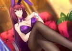  1girl animal_ears blurry blurry_background bow bowtie breasts brown_legwear bunny_ears cleavage collared_shirt commentary couch crossed_legs cup depth_of_field detached_collar drinking_glass dutch_angle eyebrows_visible_through_hair fake_animal_ears fate/grand_order fate_(series) feet_out_of_frame gradient_hair hairband hand_on_own_chest large_breasts lens_flare leotard long_hair looking_at_viewer multicolored_hair pantyhose plant potted_plant purple_hair purple_leotard purple_neckwear red_eyes red_hair scathach_(fate)_(all) scathach_(fate/grand_order) shiguru shirt sitting smile solo very_long_hair wing_collar wrist_cuffs 