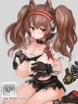  angelina_(arknights) animal_ears arknights blush breast_expansion breasts brown_eyes brown_hair covering covering_breasts doctor_(arknights) edobox fist_pump fox_ears gameplay_mechanics gloves hairband huge_breasts originium_slug_(arknights) pout shorts sitting torn_clothes torn_shorts twintails wariza 