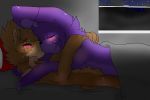  2015 anthro bed bedding bedroom blanket blush bonnie_(fnaf) brown_body brown_fur city city_background cityscape five_nights_at_freddy&#039;s freddy_(fnaf) fur furniture hug kissing lagomorph leporid male male/male mammal pillow purple_body purple_fur rabbit romantic_couple scurryy scut_tail ursid ursine video_games window 