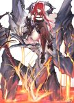  1girl absurdres arknights black_legwear breasts cleavage commentary_request crossed_legs hair_intakes hand_up hhy highres horns long_hair looking_at_viewer medium_breasts molten_rock red_eyes red_hair sitting solo surtr_(arknights) thigh_strap thighhighs thighs white_background 