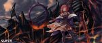  1girl absurdres arknights bangs black_dress black_legwear breasts character_name commentary_request dress feet_out_of_frame highres horns large_breasts long_hair looking_at_viewer purple_eyes red_hair solo standing surtr_(arknights) thighhighs xiaobei 