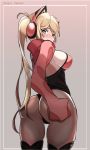  1girl ass black_footwear black_leotard blonde_hair blue_eyes blush boots breasts cat_ear_headphones commentary_request from_behind gloves hand_on_ass hand_on_own_ass headphones heart heart-shaped_pupils highres johwa_(1n33dyour1ov3) korean_commentary large_breasts leotard looking_at_viewer looking_back lucky_chloe pantyhose paw_gloves paws sheer_legwear shrug_(clothing) sideboob solo standing symbol-shaped_pupils tekken tekken_7 thick_thighs thigh_boots thighhighs thighs thong_leotard twintails wireless 