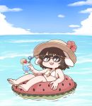  1girl :3 :d afloat animal_ears barefoot bikini blue_sky brown_hair bunny_ears carrot_necklace cloud crazy_straw cup day drinking_glass drinking_straw facing_viewer flat_chest flower hat hat_flower inaba_tewi innertube lying ocean on_back open_mouth pink_flower poronegi short_hair sky smile solo straw_hat sunglasses swimsuit touhou white_bikini 