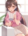  1girl arm_support bangs blurry blurry_background blush braid brown_eyes brown_hair collarbone collared_shirt commentary_request couch cup depth_of_field eyebrows_visible_through_hair hair_between_eyes holding holding_cup indoors izumo_neru kanojo_okarishimasu long_hair looking_at_viewer mizuhara_chizuru mug on_couch open_mouth pink_shirt pleated_skirt puffy_short_sleeves puffy_sleeves shirt short_sleeves sitting skirt solo very_long_hair white_skirt 