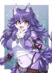  agura_(pixiv) anthro breasts canid canine clothed clothing female fur hair inner_ear_fluff kemono looking_at_viewer makoto_aki mammal princess_connect! princess_connect!_re:dive purple_body purple_clothing purple_ears purple_fur purple_hair solo teeth tongue tuft 