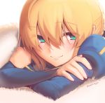  1girl absurdres artoria_pendragon_(all) blonde_hair blue_dress boa_(brianoa) braid braided_bun closed_mouth crossed_arms dress eyebrows_visible_through_hair eyes_visible_through_hair fate/stay_night fate_(series) fingernails green_eyes hair_between_eyes highres juliet_sleeves long_sleeves lying on_stomach puffy_sleeves saber smile solo twitter_username 