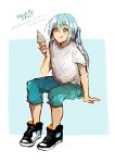  1other androgynous bangs blue_hair blue_shorts blush closed_mouth dated eyebrows_visible_through_hair food hair_between_eyes hair_ribbon highres ice_cream long_hair ponytail ribbon rimuru_tempest sakusan_yousoeki shirt shoes shorts simple_background smile solo tensei_shitara_slime_datta_ken tongue very_long_hair white_shirt yellow_eyes 