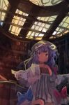  1girl absurdres bangs blue_bow book bow crescent crescent_hair_ornament dress hair_ornament hat highres holding holding_book indoors kaamin_(mariarose753) long_hair long_sleeves mob_cap open_mouth patchouli_knowledge purple_eyes purple_hair red_bow solo striped striped_dress touhou 
