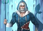  1boy aquaman_(dc) beard blue_eyes blue_hair dc_comics facial_hair gawr_gura genderswap genderswap_(ftm) highres hinghoi holding holding_polearm holding_weapon hololive hololive_english hood hood_up looking_at_viewer male_focus manly multicolored_hair muscle polearm shark_hood shark_tail sketch solo standing streaked_hair tail trident upper_body virtual_youtuber water weapon white_hair 