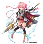  1girl bangs belt boots braid breasts capelet commentary_request eyebrows_visible_through_hair full_body gemini_seed gloves halberd holding holding_weapon long_hair looking_at_viewer official_art open_mouth outstretched_arm pink_eyes pink_hair polearm sakura_neko simple_background solo thighhighs water_drop watermark weapon white_background 