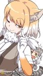  !? 2girls ;) animal_ears blonde_hair cat_ears cat_tail fox_ears fur_collar grey_hair jewelry kemono_friends multiple_girls necklace one_eye_closed open_mouth pallas&#039;s_cat_(kemono_friends) smile surprised tail tibetan_sand_fox_(kemono_friends) yamai 