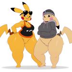  2017 anthro anthrofied big_booty_pikachu bodily_fluids bottomwear breasts clothed clothing duo edit eyewear female genitals hi_res hoodie looking_at_viewer mammal nintendo partially_clothed pikachu pok&eacute;mon pok&eacute;mon_(species) pok&eacute;morph pussy skimpy sssonic2 sunglasses sweat thick_thighs topwear vein video_games wide_hips 