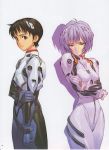  1boy 1girl ayanami_rei black_hair blue_hair brown_eyes gainax highres ikari_shinji interface_headset medium_hair neon_genesis_evangelion official_art plugsuit red_eyes scan short_hair traditional_media yoshinari_you 