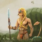  1:1 4_nipples 4_pecs albion_(game) alien anthro armor bare_chest blonde_hair bracers clothing dampfloque domestic_cat drirr_(albion) felid feline felis fur green_eyes grey_sky hair holding_object holding_spear holding_weapon iskai loincloth male mammal melee_weapon multi_nipple multi_pecs muscular muscular_anthro muscular_male nipples pecs plant polearm signature solo spear standing tan_body tan_fur weapon 