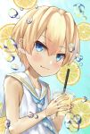  1boy :3 blonde_hair blue_eyes blush bubble cup disposable_cup drink drinking_straw food fruit hair_between_eyes holding holding_cup lemon lemonade looking_at_viewer male_focus original sailor_collar solo takanoberii 