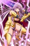  1girl absurdres armor armored_boots artist_request bangs boots breasts cape circlet claudette_(queen&#039;s_blade) company_connection gold_armor highres holding holding_sword holding_weapon large_breasts lips long_hair looking_at_viewer navel official_art purple_eyes purple_hair queen&#039;s_blade queen&#039;s_blade_unlimited queen&#039;s_blade_white_triangle shoulder_armor sidelocks solo spaulders sword thighs underwear vambraces weapon 