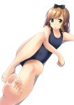  barefoot bob_cut brown_hair cameltoe green_eyes highres legs old_school_swimsuit original ribbon school_swimsuit shibacha short_hair simple_background swimsuit thighs toes 