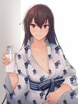  1girl bangs bottle breasts brown_hair closed_mouth collarbone commentary eyebrows_visible_through_hair floral_print hair_between_eyes hand_up holding holding_bottle japanese_clothes kantai_collection kasumi_(skchkko) kimono large_breasts light_smile long_hair looking_at_viewer milk milk_bottle nagato_(kantai_collection) no_bra obi red_eyes sash solo upper_body white_kimono yukata 
