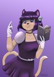  2020 absurd_res anthro black_nose book chimiko choker clothing domestic_cat dress felid feline felis female gloves hair handwear hi_res holding_book holding_object holding_pen jewelry mammal moomaid necklace purple_background purple_eyes purple_hair simple_background smile solo 