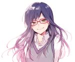  :&gt; bangs blush closed_mouth collared_shirt dress_shirt glasses green_eyes long_hair long_sleeves looking_at_viewer noeru_(putty) purple_hair red-framed_eyewear shirt simple_background smile sweater_vest upper_body usami_shiori white_background white_shirt world_trigger 