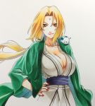  1girl blonde_hair blush breasts brown_eyes cleavage collarbone facial_mark forehead_mark katsuyu_(naruto) large_breasts long_hair looking_at_viewer marker_(medium) naruto naruto_(series) nekomaru ninja simple_background slug smile solo traditional_media tsunade 