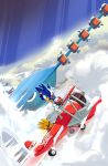 2boys absurdres adam_bryce_thomas aircraft airplane airship blue_sky closed_mouth cloud flying gloves green_eyes highres male_focus multiple_boys piloting red_footwear signature sky smile sonic sonic_the_hedgehog tails_(sonic) white_gloves 