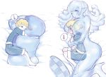  1boy 1girl barefoot blonde_hair blue_eyes blue_hair blue_shirt blue_shorts blue_skin blush breasts closed_mouth core embarrassed fetal_position high_heels hug hug_from_behind idon jitome large_breasts long_hair lying monster_girl on_bed on_side one_eye_closed original pajamas pale_skin parted_lips pillow pointy_ears shirt shorts size_difference slime_girl smile spoken_object sweat thermometer 