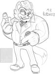  anthro belt black_nose bottomwear cigar clothing conjoined_eyes facial_hair footwear gloves handwear hi_res male mklancer00 mr_business pants shoes solo suit toony unknown_species 