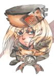  1girl belt blonde_hair blue_eyes closed_mouth commentary english_commentary eyes_visible_through_hair floating_hair guilty_gear guilty_gear_strive hat long_hair looking_at_viewer millia_rage portrait ringed_eyes serious solo white_background zakusi 