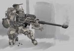 ak_ban22 grey_background gun highres holding holding_gun holding_weapon kneeling looking_to_the_side mecha military missile_pod no_humans original rifle sniper_rifle solo turret weapon 