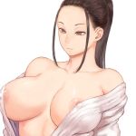  1girl bare_shoulders breasts brown_eyes brown_hair closed_mouth collarbone expressionless huge_breasts long_hair looking_down nipples off_shoulder original ponytail shu-mai simple_background solo upper_body white_background 
