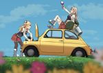  2girls alcohol annin_musou ascot backpack bag black_legwear blonde_hair blue_flower blush brown_hair bucket car closed_eyes commentary_request corset cup day drinking_glass drunk flower grass ground_vehicle hat holding holding_cup kantai_collection long_hair long_sleeves mini_hat motor_vehicle multiple_girls open_mouth pink_flower pleated_skirt pola_(kantai_collection) red_neckwear red_skirt shirt skirt thighhighs wavy_hair white_flower white_headwear white_legwear white_shirt wine wine_glass yellow_flower zara_(kantai_collection) 