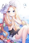  1girl abigail_williams_(fate/grand_order) abigail_williams_(swimsuit_foreigner)_(fate) absurdres bangs bare_shoulders bikini black_cat blonde_hair blue_eyes blush bonnet bow breasts cat fate/grand_order fate_(series) forehead hair_bow highres hu_qu innertube long_hair looking_at_viewer miniskirt navel parted_bangs sidelocks skirt small_breasts smile swimsuit thighs twintails very_long_hair water white_bikini white_bow white_headwear 