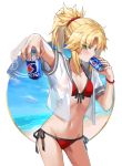  1girl bangs beach bikini blue_sky blush braid breasts can collarbone drinking fate/grand_order fate_(series) french_braid green_eyes hair_ornament hair_scrunchie highres long_hair looking_at_viewer mordred_(fate)_(all) mordred_(swimsuit_rider)_(fate) navel open_clothes open_shirt parted_bangs ponytail red_bikini red_scrunchie sailor_collar scrunchie shirt shore short_sleeves sidelocks sky small_breasts soda_can swimsuit thighs tonee white_shirt 