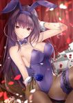  1girl akatsuki_hijiri animal_ears arm_up bare_shoulders blue_flower bow bowtie breasts brown_hair bunny_ears bunnysuit card cleavage commentary_request curtains detached_collar detached_sleeves eyebrows_visible_through_hair fate/grand_order fate_(series) fishnet_legwear fishnets flower hand_behind_head highres large_breasts long_hair looking_at_viewer petals playing_card red_eyes scathach_(fate)_(all) scathach_(fate/grand_order) signature sitting solo 