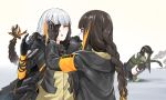  3girls absurdres black_gloves black_jacket braid braided_ponytail brown_eyes brown_hair dark_persona dual_persona eyebrows_visible_through_hair eyepatch girls_frontline gloves hand_on_own_face highres jacket looking_at_another m16a1_(girls_frontline) m16a1_(girls_frontline)_(boss) m4a1_(girls_frontline) multicolored_hair multiple_girls open_mouth orange_eyes rivet_vvrn silver_hair simple_background sitting standing talking 
