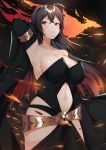  1girl alternate_costume armpits azur_lane black_hair breasts cleavage closed_mouth collarbone eyebrows_visible_through_hair from_below gravity_daze hand_on_back highres large_breasts lilycious long_hair looking_at_viewer navel red_eyes solo taihou_(azur_lane) 