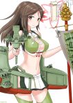  1girl adapted_turret amagi_(kantai_collection) bangs bare_shoulders blush breasts brown_eyes brown_hair cleavage collarbone commentary_request cowboy_shot crop_top cypress eyebrows_visible_through_hair flight_deck flight_deck_scroll green_legwear groin hair_ornament high_ponytail highres holding holding_staff kantai_collection large_breasts leaf_hair_ornament long_hair looking_at_viewer midriff mole mole_under_eye navel onmyouji parted_bangs ponytail rigging shikigami sidelocks simple_background skirt smile solo staff standing thighhighs twitter_username white_background white_skirt wide_ponytail zettai_ryouiki 