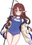  1girl absurdres arknights brown_hair commentary_request green_eyes highres jacket long_hair myrtle_(arknights) name_tag pointy_ears school_swimsuit simple_background solo swimsuit thighs 