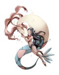  1girl aqua_hair black_hair bubble closed_eyes closed_mouth commentary_request dark_skin eyelashes floating_hair gen_3_pokemon hair_bun hoimiii leg_up long_hair milotic nessa_(pokemon) pokemon pokemon:_twilight_wings pokemon_(anime) pokemon_(creature) sandals white_background 