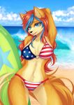  2019 anthro arm_above_head arm_tuft beach belly bikini bikini_bottom bikini_top black_nose blue_eyes blue_hair camel_toe canid canine cheek_tuft clothing cloud cloudscape covered_breasts detailed_background elbow_tufts facial_tuft female flag_bikini fluffy fluffy_tail fox front_view fur gyuumu hair hand_behind_head hi_res holding_object inner_ear_fluff long_hair long_tail mammal multicolored_body multicolored_fur multicolored_hair navel orange_body orange_fur outside red_clothing red_hair red_swimwear sand sea seaside sky solo standing star stars_and_stripes surfboard swimwear teeth tuft two_tone_body two_tone_fur two_tone_hair united_states_of_america vehicle water watercraft white_clothing white_swimwear 