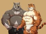  2020 absurd_res anthro anthro_on_anthro barazoku beard belly biceps blush body_hair boomer_(nanoff) bottomwear bulge chain chest_hair clothing duo facial_hair felid genitals hi_res jockstrap jumperbear kemono male male/male mammal miles_(nanoff) moobs muscular muscular_male mustache nipples overweight overweight_male pantherine pants pecs penis pubes tiger underwear 