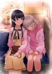  2girls absurdres black_hair brown_eyes closed_eyes commentary_request dress head_on_shoulder highres hood hoodie idolmaster idolmaster_shiny_colors long_hair mayuzumi_fuyuko multiple_girls rurika_seijin serizawa_asahi short_hair silver_hair sitting sleeping socks thighs 