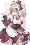  1girl 9a-91_(girls_frontline) absurdres blue_eyes blush bow breasts cleavage dress dress_lift eyebrows_visible_through_hair girls_frontline grey_hair hair_between_eyes hair_bow hair_ribbon hairband highres holding holding_notepad long_hair looking_at_viewer maid maid_dress maid_headdress notepad open_mouth ponytail ribbon simple_background small_breasts so_myeolchi solo thighhighs white_legwear 