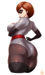  1girl ass black_legwear bodysuit breasts brown_hair elastigirl from_behind helen_parr highres jmg large_breasts short_hair simple_background skindentation solo the_incredibles thick_thighs thighhighs thighs white_background 